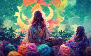 Death to the THC Race! Psychedelic trippy LSD or magic mushrooms hallucinations hippie concept design. Drugs vibrant multicolored surreal fantasy background. 3D illustration.