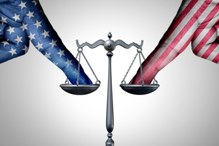 United States legal battle and american law justice concept with a the finger of people influencing the USA legal system for a legislative advantage with 3D illustration elements.