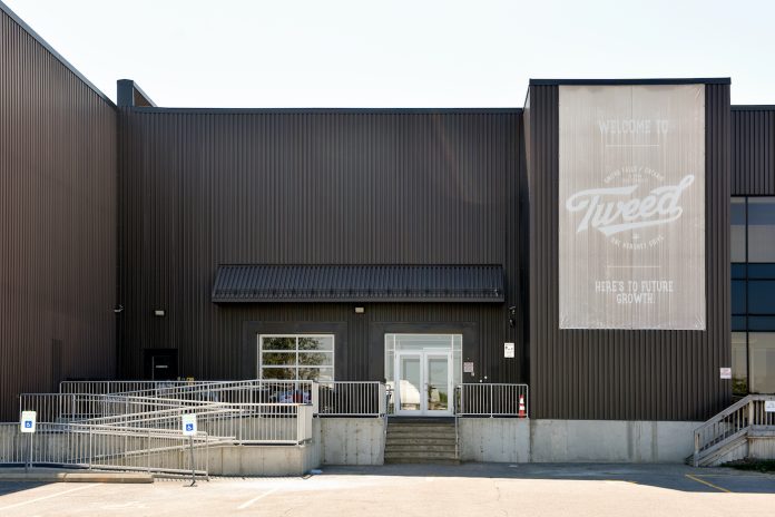 Smiths Falls, ON, Canada - July 8, 2018: Canopy Growth Corporation, formerly Tweed Marijuana Inc in the former Hershey’s chocolate factory which they bought and expanded after Hershey’s left the town