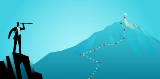 4 Predictions for the U.S. Cannabis Market Business concept illustration of a businessman on top of the rock using telescope looking to the top of a mountain. Strategy, planning, forecast in business concept