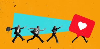 Getting High on Social Media ROI three business professionals chasing likes on social media