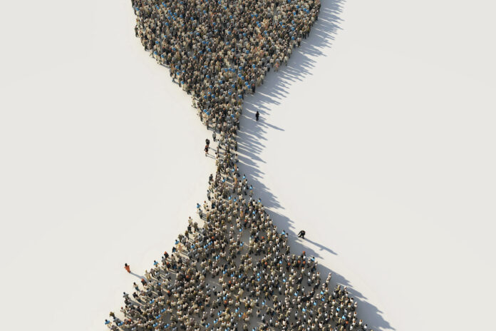 crowd of people in the shape of a hourglass, 3d illustration