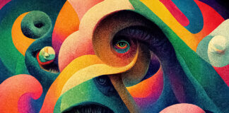 Will Psychedelics Succeed Where Cannabis Has Struggled? Psychedelic trippy LSD or magic mushrooms hallucinations hippie concept design. Drugs vibrant multicolored surreal fantasy background. 3D illustration.