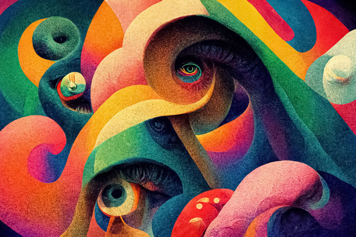 Psychedelic trippy LSD or magic mushrooms hallucinations hippie concept design. Drugs vibrant multicolored surreal fantasy background. 3D illustration.