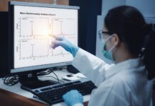 Study Reveals Chemical Differences in Indoor and Sungrown Cannabis Scientist woman indicates the chromatogram of mass spectrometry analysis results of compounds, as shown on the computer monitor of mass spectrometer instrument in the laboratory for indoor vs outdoor cannabis study
