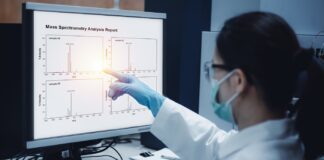 Study Reveals Chemical Differences in Indoor and Sungrown Cannabis Scientist woman indicates the chromatogram of mass spectrometry analysis results of compounds, as shown on the computer monitor of mass spectrometer instrument in the laboratory for indoor vs outdoor cannabis study