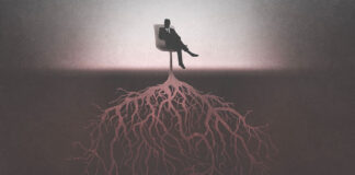 The Industry’s Supposed Death Has Been Greatly Exaggerated illustration of powerful dark man, growing roots under his armchair, surreal concept