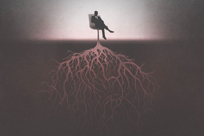 illustration of powerful dark man, growing roots under his armchair, surreal concept