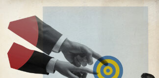 How to Build a Successful Collaboration Corporate business people pointing at the target, business goals and mission concept, vintage style design