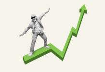 Marketers Should Focus on Customer Need States, Not THC Levels Concept of fast increasing income. Middle aged man surfing green arrow going up isolated pastel color background