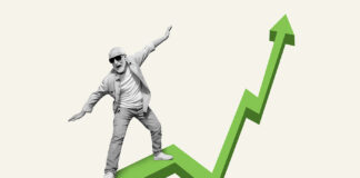 Marketers Should Focus on Customer Need States, Not THC Levels Concept of fast increasing income. Middle aged man surfing green arrow going up isolated pastel color background