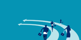 6 Under-the-Radar Legal Traps You Need to Know About Business people run on the arrows. Concept business competition vector illustration. Flat business cartoon, Speed, Togetherness, Office Team, Back view.