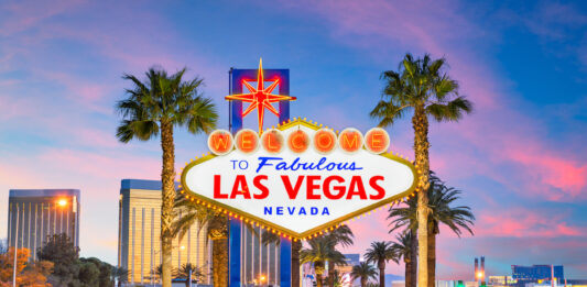 best-dispensaries-las-vegas Las Vegas, Nevada, USA at the Welcome to Las Vegas Sign at dusk.