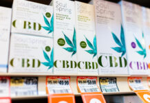 Keeping a CBD Brand Relevant with and without Federal Guidance Herndon, USA - May 7, 2020: Inside Sprouts farmers market grocery store shop with retail display of SoulSpring CBD cannabidiol oil infused botanical products, muscle rub spray and roll-on
