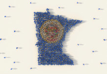 Minnesota Becomes 23rd Adult-Use State Large group of people forming Minnesota flag map in The United States of America in social media and community concept on white background. 3d sign symbol of crowd illustration from above