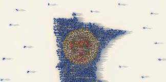 Minnesota Becomes 23rd Adult-Use State Large group of people forming Minnesota flag map in The United States of America in social media and community concept on white background. 3d sign symbol of crowd illustration from above