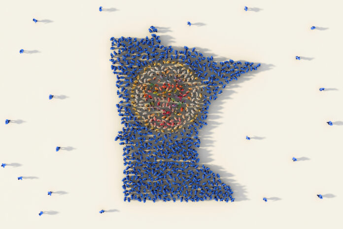 Large group of people forming Minnesota flag map in The United States of America in social media and community concept on white background. 3d sign symbol of crowd illustration from above