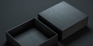 Packaging: Beyond the Aesthetics Two Black Boxes Mockup, opened and closed, 3d rendering