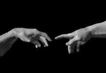 How Heritage Brands Can Expand Their Reach Halftone Art. Vector illustration of hands reaching out for touch in black and white slanted line halftone vintage style design.