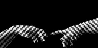 How Heritage Brands Can Expand Their Reach Halftone Art. Vector illustration of hands reaching out for touch in black and white slanted line halftone vintage style design.