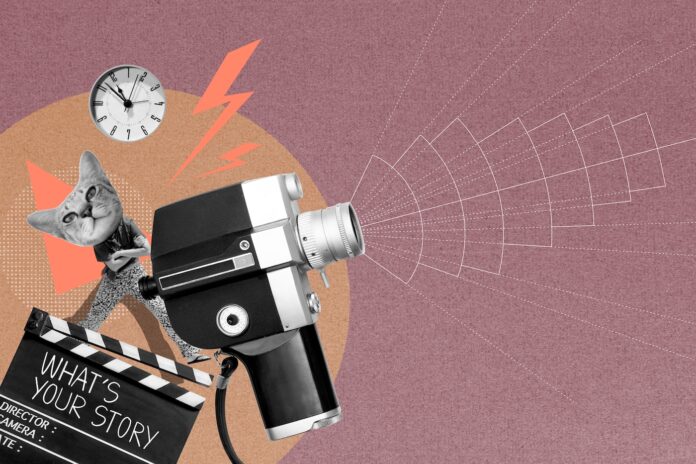 What's your story,Hand writing on film slate and antique movie camera and diagrams showing the focal lengths of different types of lenses. Story telling concept in film industry.Abstract art collage.