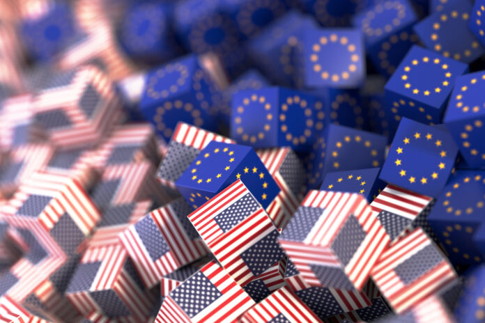 United States and Europe economic and political relationship, original 3d rendering