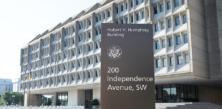 U.S. Health Officials Recommend Schedule III for Cannabis WASHINGTON, DC - JUNE 24, 2019: Sign outside the Department of Health and Human Services building.