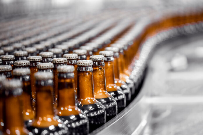 Beer bottles on conveyor production line. Brewery industry food factory manufacturing.