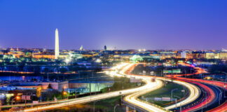 6 Best-Rated Dispensaries in Washington D.C. Washington, D.C. skyline with highways and monuments.