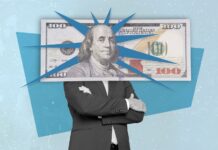 The Cost of Doing Business in Cash Creative collage image of business person folded arms black white colors hundred dollars banknote instead head isolated on painted background
