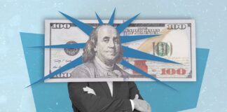 The Cost of Doing Business in Cash Creative collage image of business person folded arms black white colors hundred dollars banknote instead head isolated on painted background