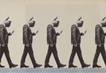 8 Ingredients for Marketing Success Distracted conformist people with thumbs up in place of their head, they are staring at smartphone screen and walking in line: social media addiction concept, vintage collage design