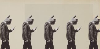 8 Ingredients for Marketing Success Distracted conformist people with thumbs up in place of their head, they are staring at smartphone screen and walking in line: social media addiction concept, vintage collage design