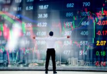 Cannabis Executive Salaries Are Soaring into 2024 Businessman standing keeping arms raised and Businessman looking to stock market graph Success concept