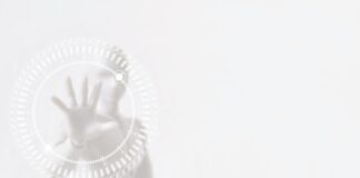 The Changing Face of Ecommerce Blurred White Robot Cyborg Man with Hand Touching on Motion Hi Tech Circle Interface HUD, Suitable for Technology Concept.