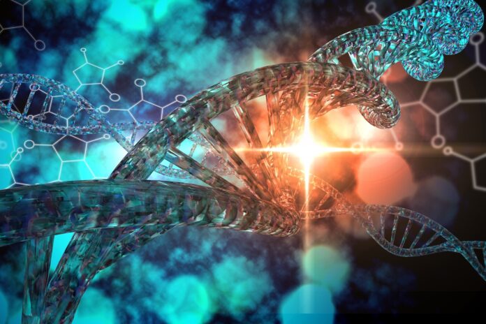 3D DNA strand with vibrant colors for genetics background
