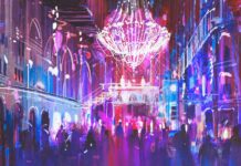 This Joint Is (or Could Be) Jumping interior night club with bright lights,illustration painting