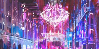 This Joint Is (or Could Be) Jumping interior night club with bright lights,illustration painting