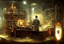 Radical Science Scientist laboratory in steampunk look style with high details and beautiful vintage tone color palette,
