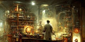 Radical Science Scientist laboratory in steampunk look style with high details and beautiful vintage tone color palette,