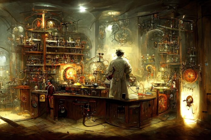 Scientist laboratory in steampunk look style with high details and beautiful vintage tone color palette,