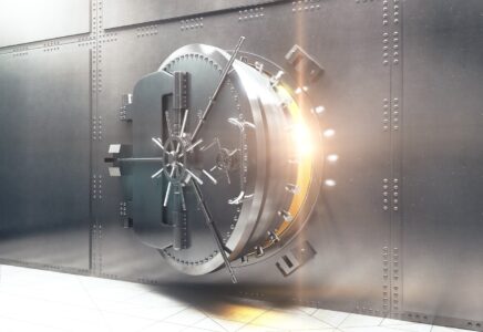 Open silver bank vault with golden light peeking from inside, 3D Render