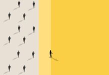 15 People Who Made a Difference Businessman has to make decision which way to go for his success, Business team or partner go different way, Different or unique concept