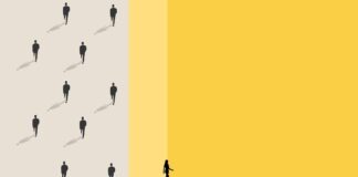 15 People Who Made a Difference Businessman has to make decision which way to go for his success, Business team or partner go different way, Different or unique concept