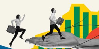 HR Trends and Talent Insights for the Year Ahead Contemporary art collage. Conceptual design. Job hiring. Employees, candidates walking on human hand symbolizing hiring system. Concept of business, career development, employment, occupation