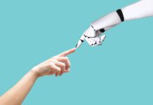 Where AI Meets the Human Touch Human hand and artificial intelligence working together and touching fingers