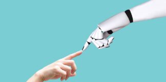 Where AI Meets the Human Touch Human hand and artificial intelligence working together and touching fingers
