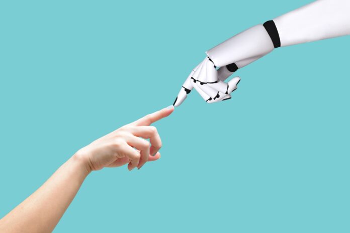 Human hand and artificial intelligence working together and touching fingers