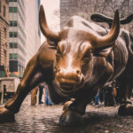 German Cannabis Legalization Fuels Surge in Weed Stocks Charging Bull in Lower Manhattan, New York City.