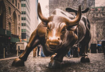 German Cannabis Legalization Fuels Surge in Weed Stocks Charging Bull in Lower Manhattan, New York City.